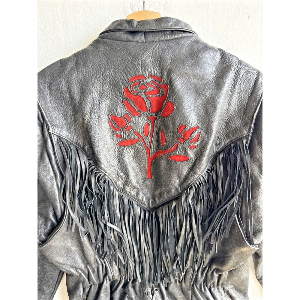 Vintage UNIK Premium Rose Fringe Motorcycle Leather Jacket Black Women’s Large - Picture 3 of 12